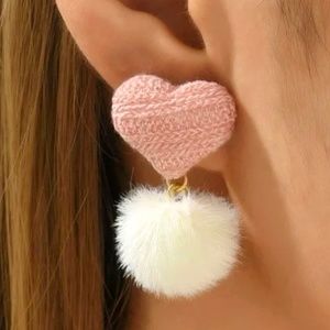 Heart and Pompom Dangle Earrings